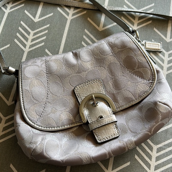 COACH Signature Metallic Silver Buckle Flap Crossbody Shoulder Bag - Picture 5 of 15